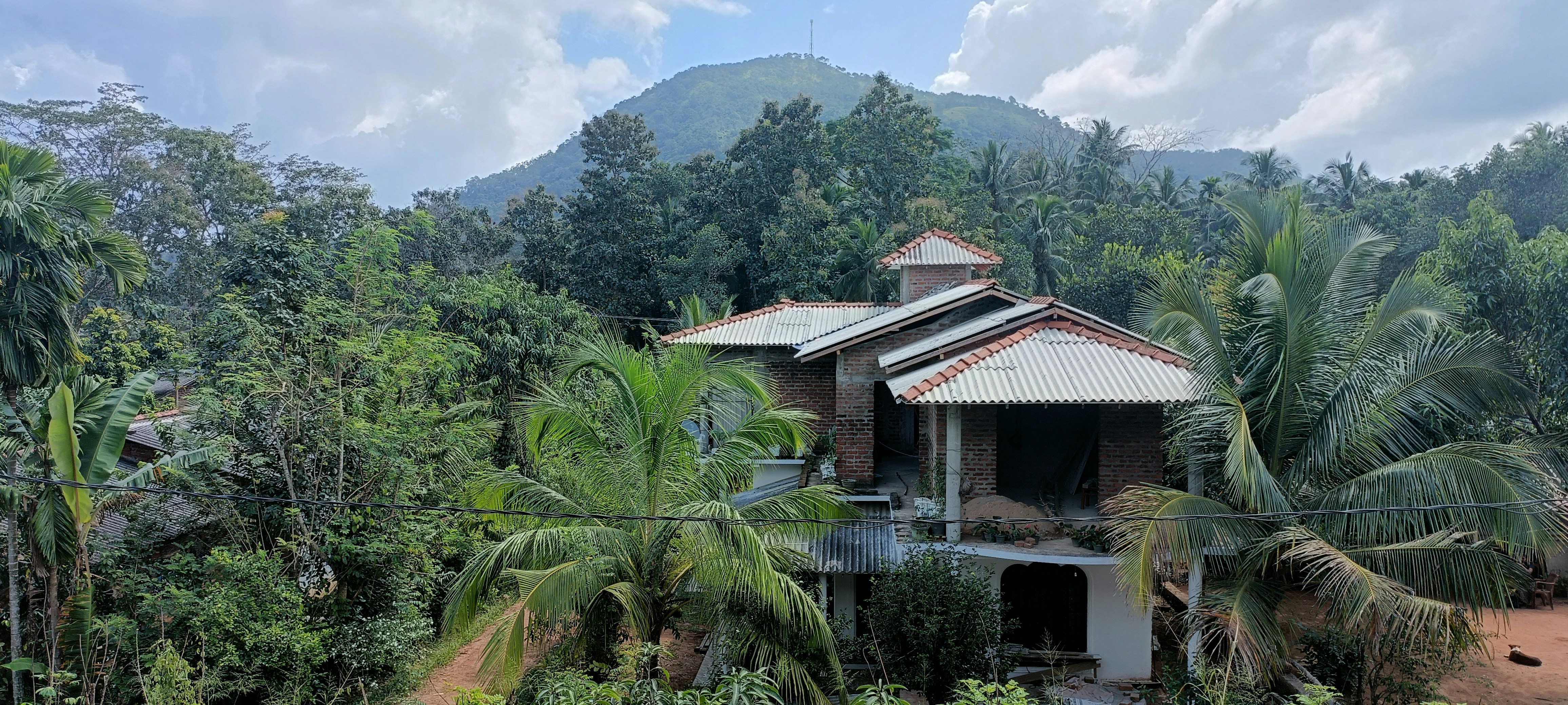 A house is situated amidst lush greenery with dense trees and palm trees around. The structure has a sloped roof with red shingles and appears to be partially constructed or undergoing renovation. In the background, a hill rises under a partly cloudy sky.