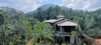 A house is situated amidst lush greenery with dense trees and palm trees around. The structure has a sloped roof with red shingles and appears to be partially constructed or undergoing renovation. In the background, a hill rises under a partly cloudy sky.