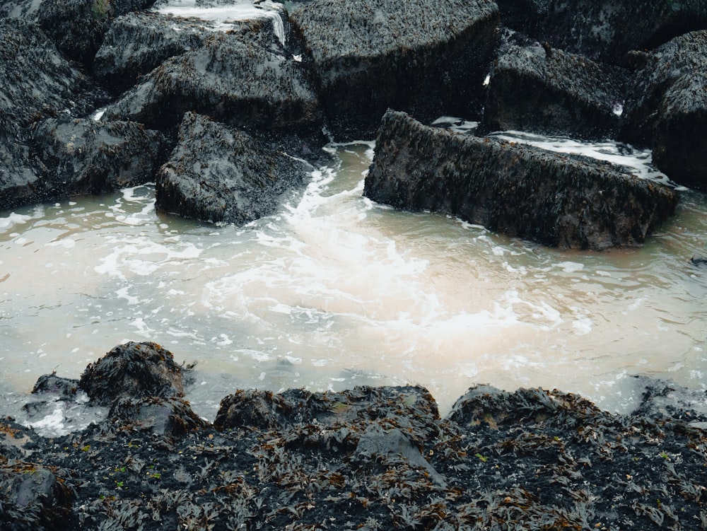 un mucchio di rocce che sono nell'acqua