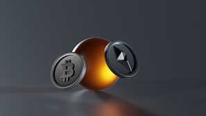A digital rendering of two metallic coins featuring Bitcoin and Ethereum symbols, set against a sleek, dark background with a glowing orange sphere in the center.