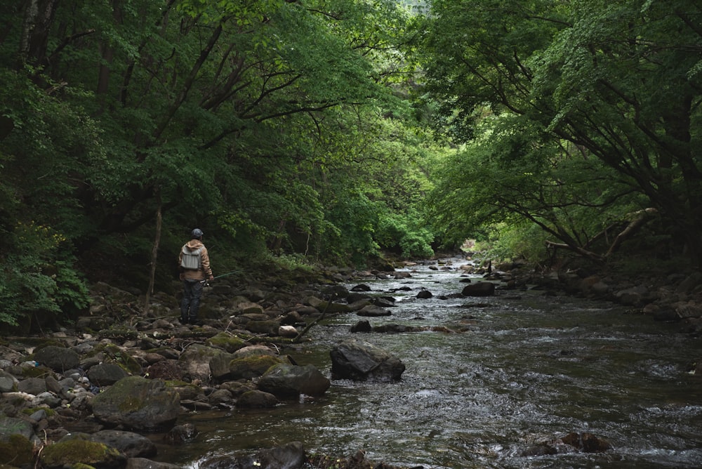 a man standing on a river bank next to a forest