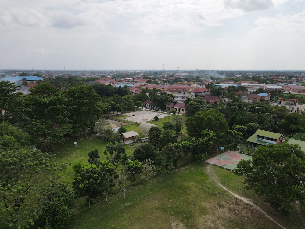 an aerial view of a small town surrounded by trees