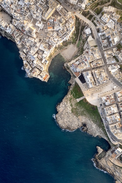 an aerial view of a large city next to a body of water