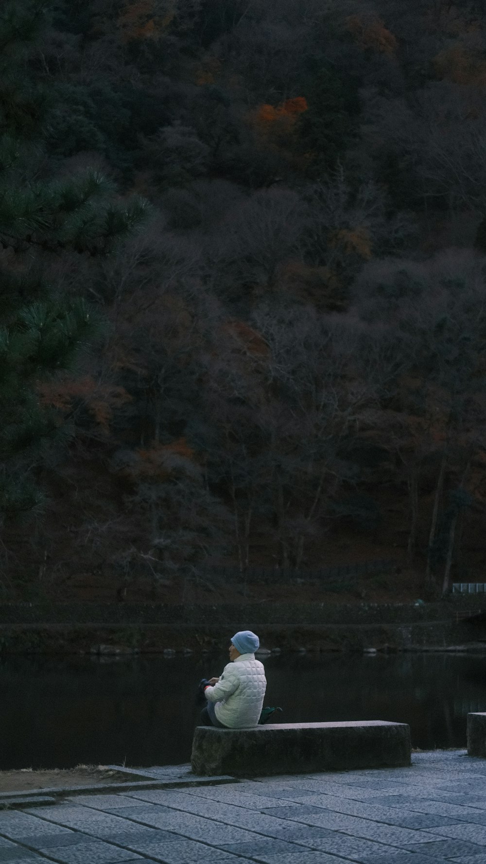 a person sitting on a dock next to a body of water