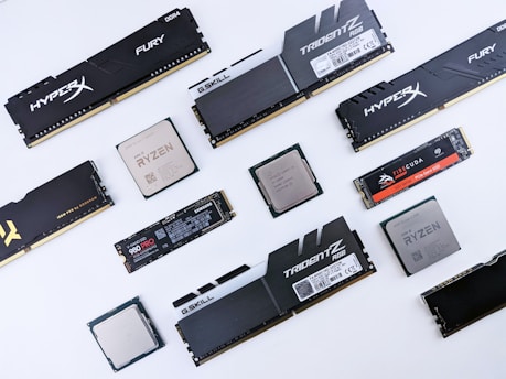 A high-quality image of various computer hardware products.