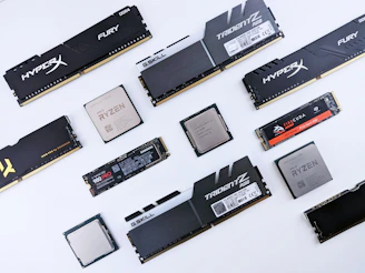 a collection of memory cards laid out on a table