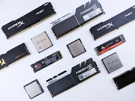 a collection of memory cards laid out on a table