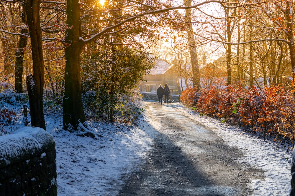 a couple of people walking down a snow covered road