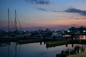 A serene marina cruise in Dubai with gleaming yachts and calm waters reflecting a pastel evening sky.