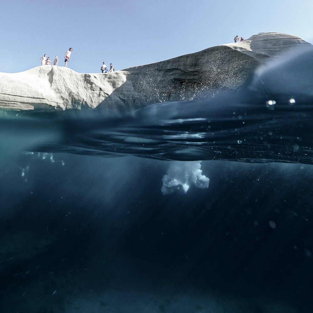 a group of people standing on top of an iceberg in the ocean
