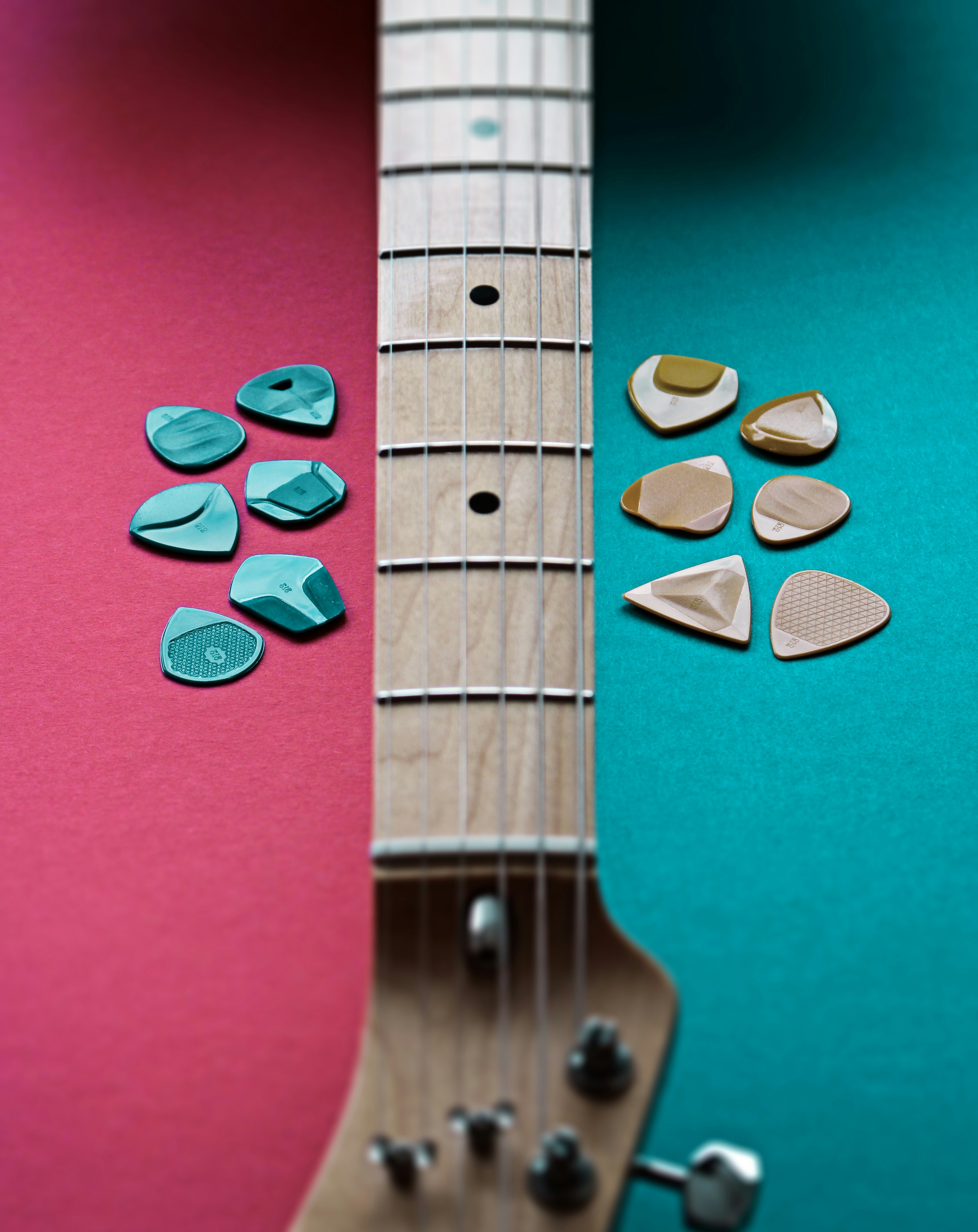a close up of a guitar neck with several guitar picks