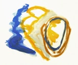 Abstract painting with bold brush strokes in blue, yellow, and brown, forming amorphous shapes on a white background.