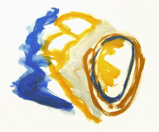Abstract painting with bold brush strokes in blue, yellow, and brown, forming amorphous shapes on a white background.