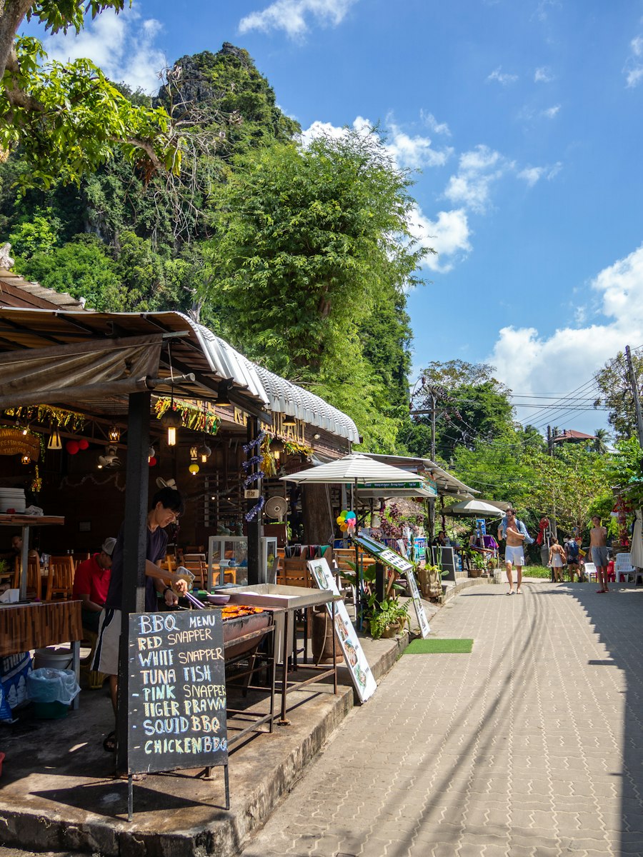Outdoor market with umbrellas in Krabi