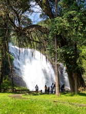 A vibrant scene of travelers enjoying a lush waterfall surrounded by tropical greenery in Mauritius.
