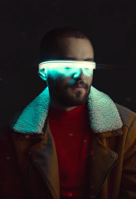 A neon-lit cyberpunk jacket with glowing circuit patterns on a dark urban background.