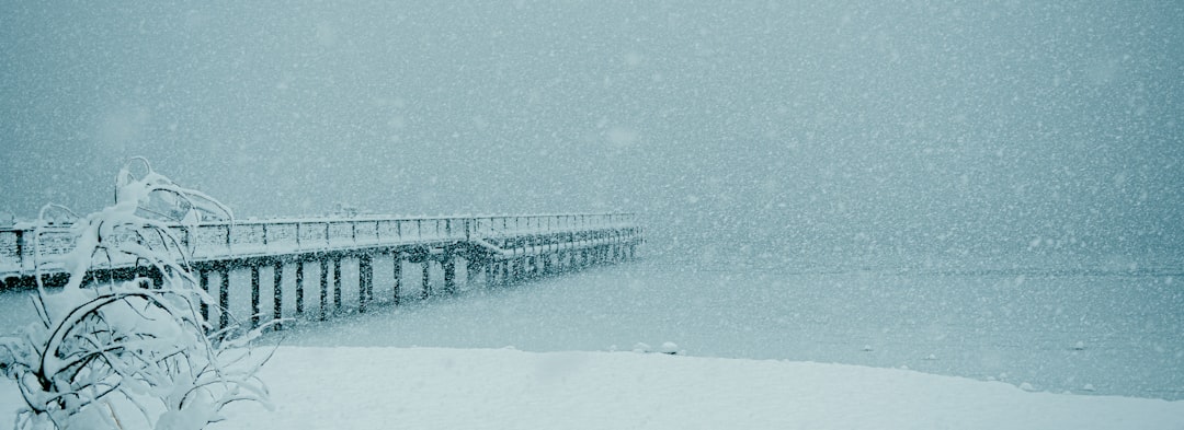 a snow covered pier on a snowy day,
