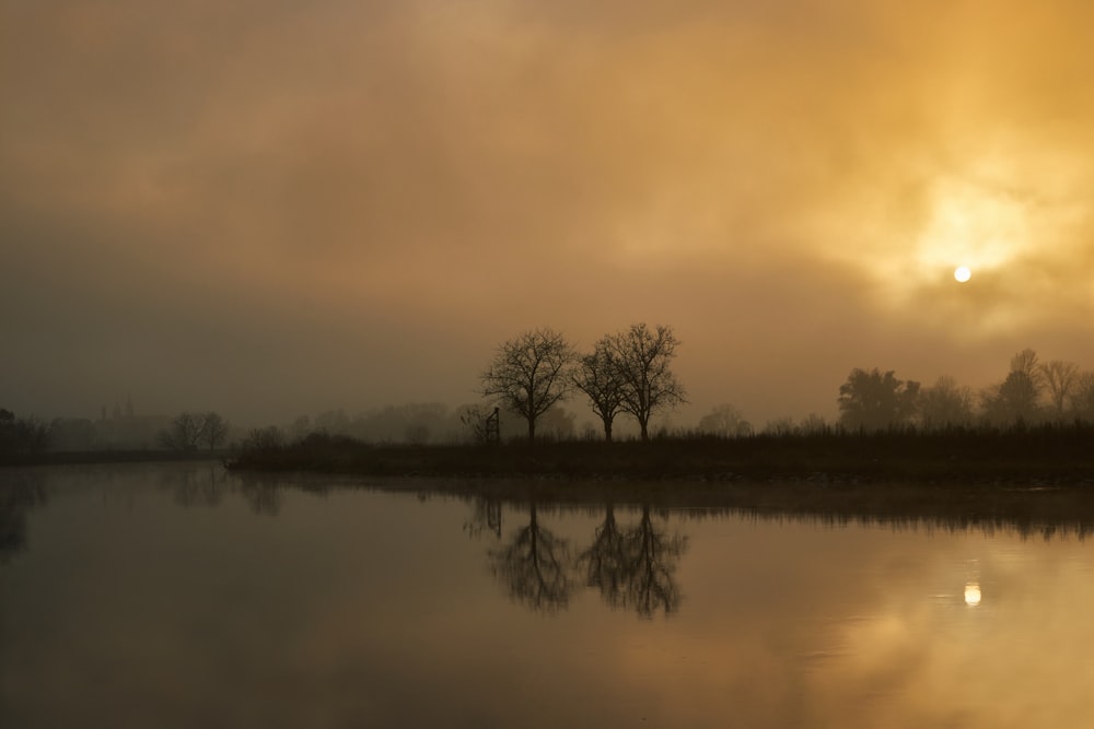 a body of water surrounded by trees under a cloudy sky