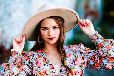 a woman with a hat on her head