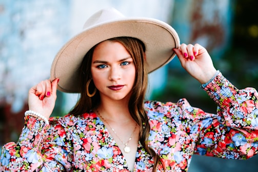 a woman with a hat on her head