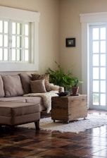 a living room filled with furniture and a plant