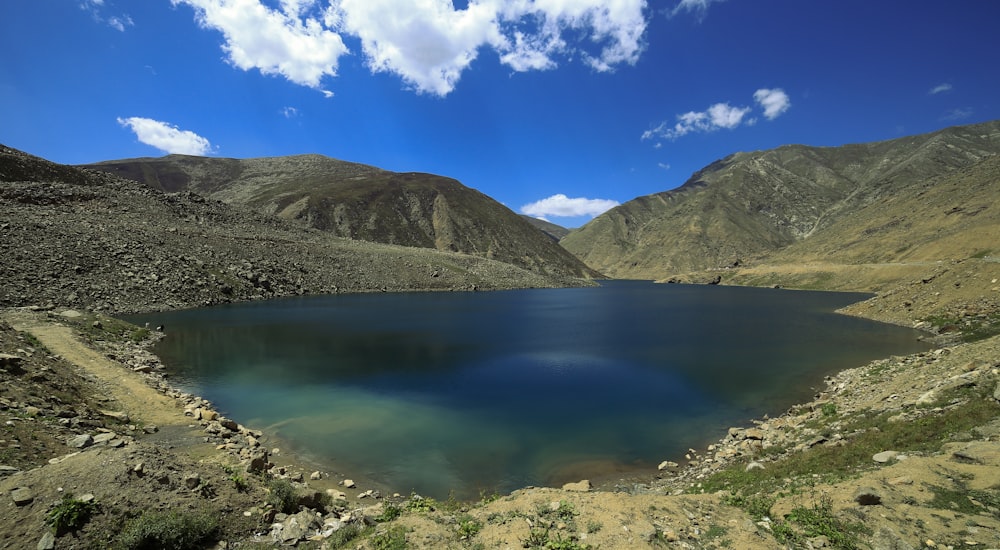 a large lake surrounded by mountains under a blue sky