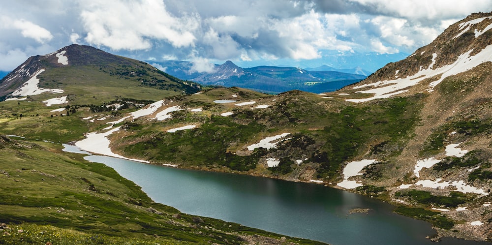 a lake surrounded by mountains under a cloudy sky