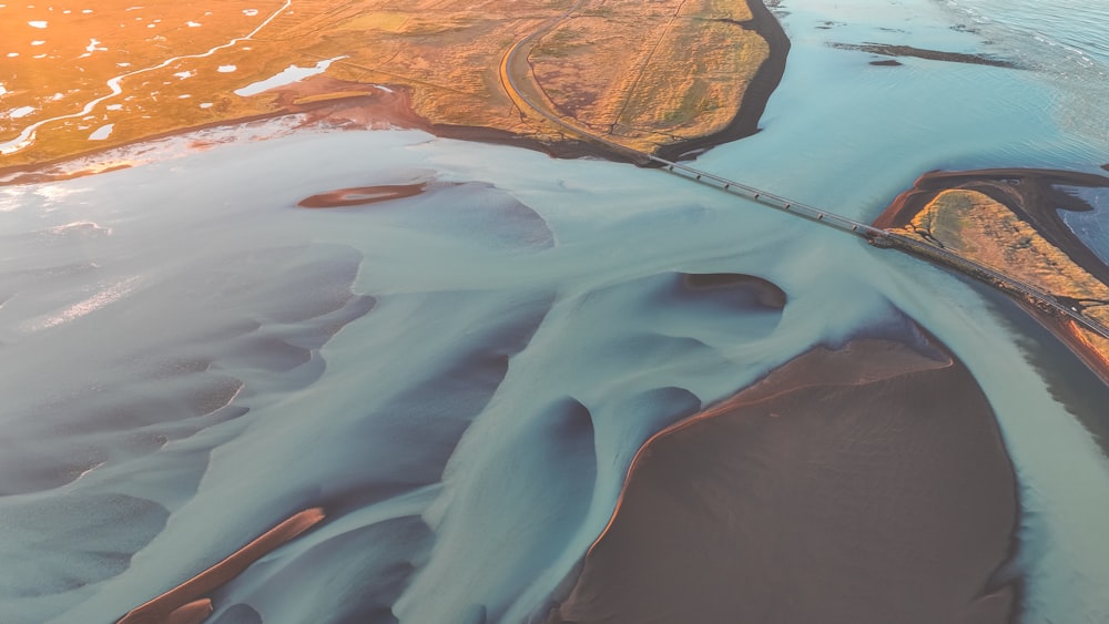 an aerial view of a body of water