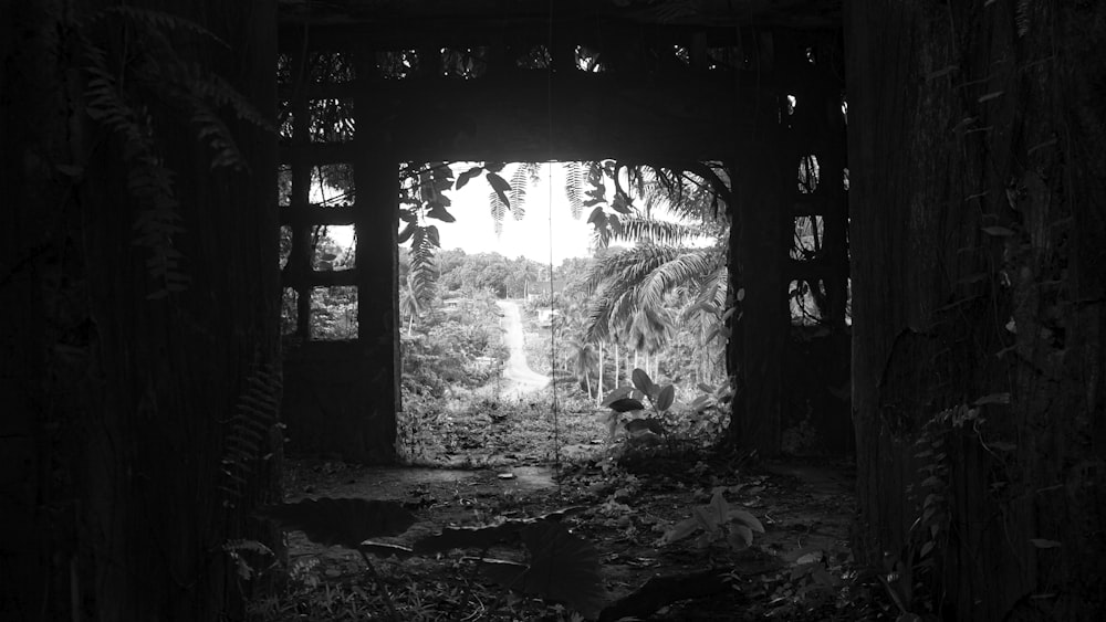 a black and white photo of an open doorway