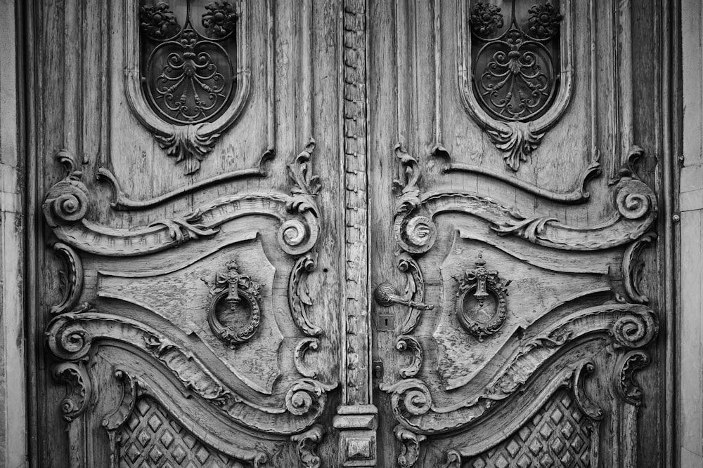 a close up of a large wooden door