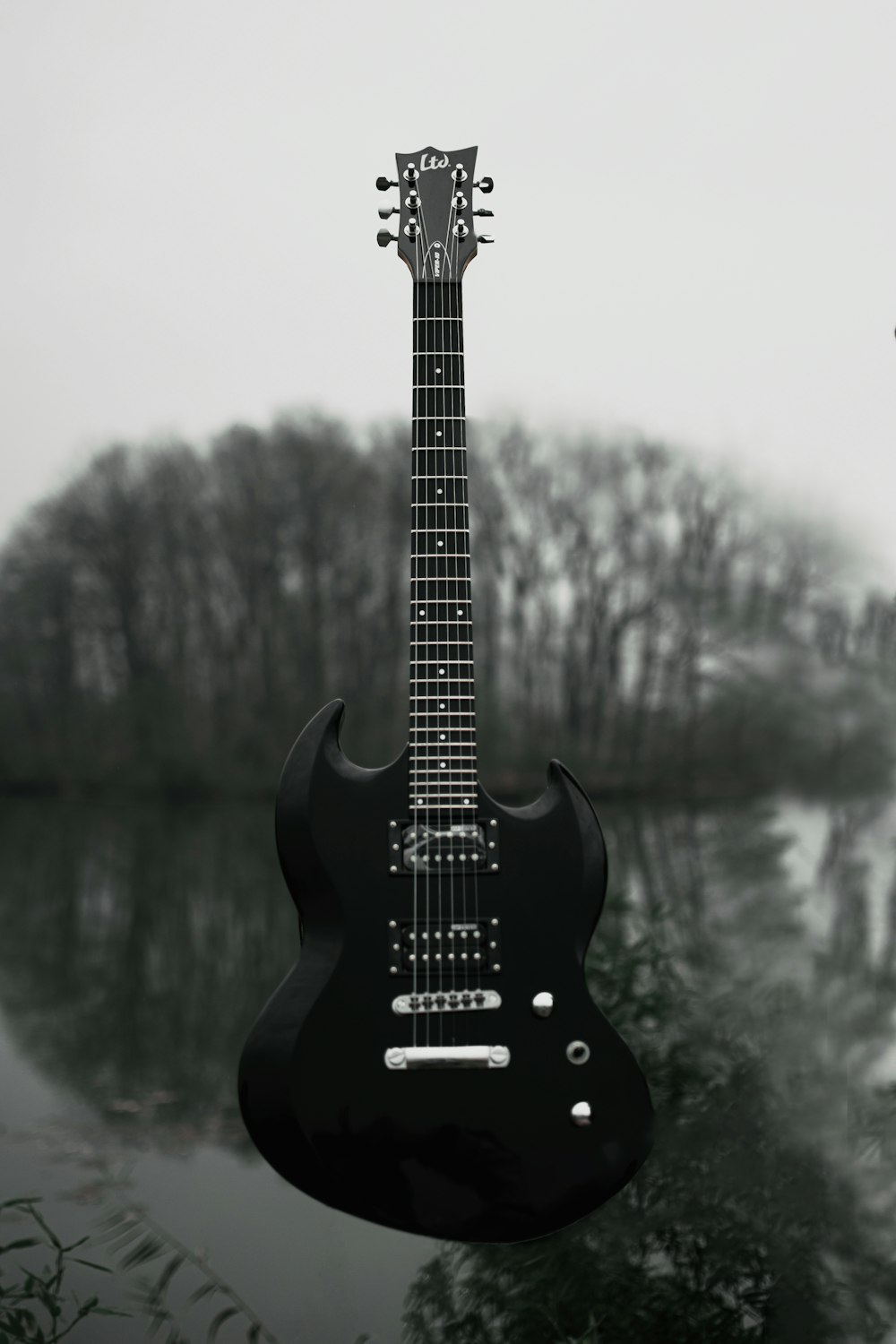 a black guitar hanging from the side of a body of water
