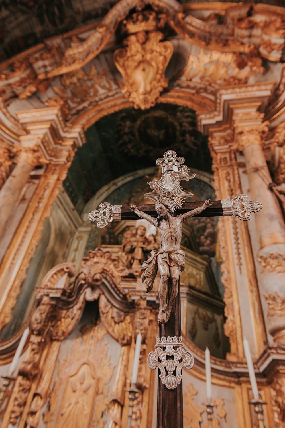 a crucifix in the middle of a church