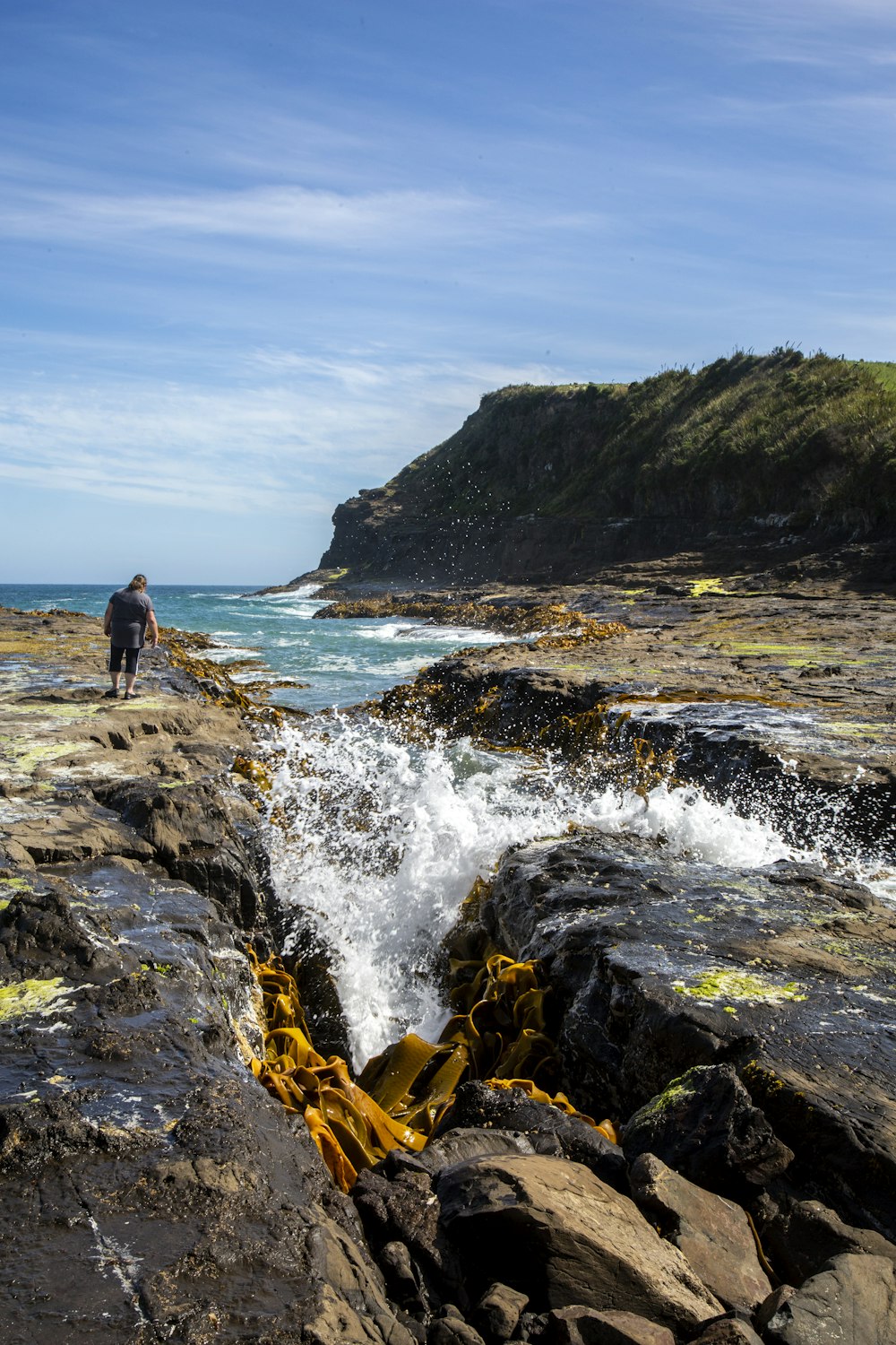 a man standing on a rocky shore next to the ocean