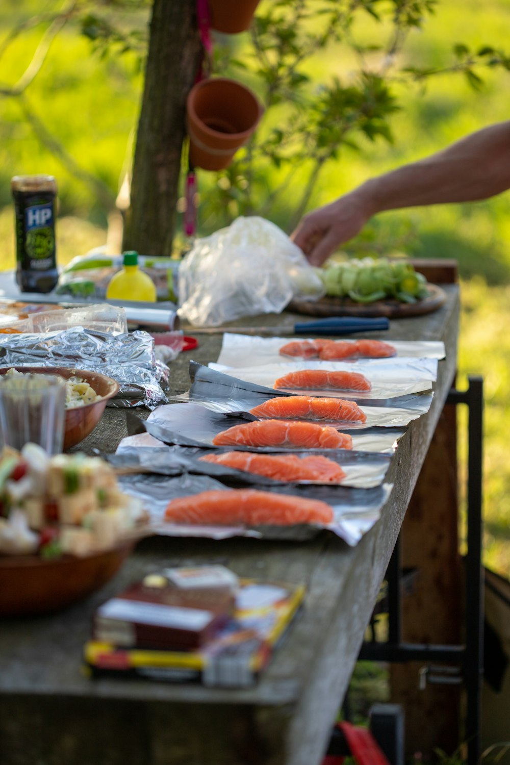 a long table with plates of food on it