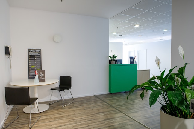 A modern office or waiting room features a small round table with two black chairs, a white wall adorned with a framed sign, and a wall-mounted telephone. The room includes a green reception counter with potted plants and ample natural and artificial lighting. The flooring is light wood, and another large pot with green leaves adds a touch of nature to the decor.
