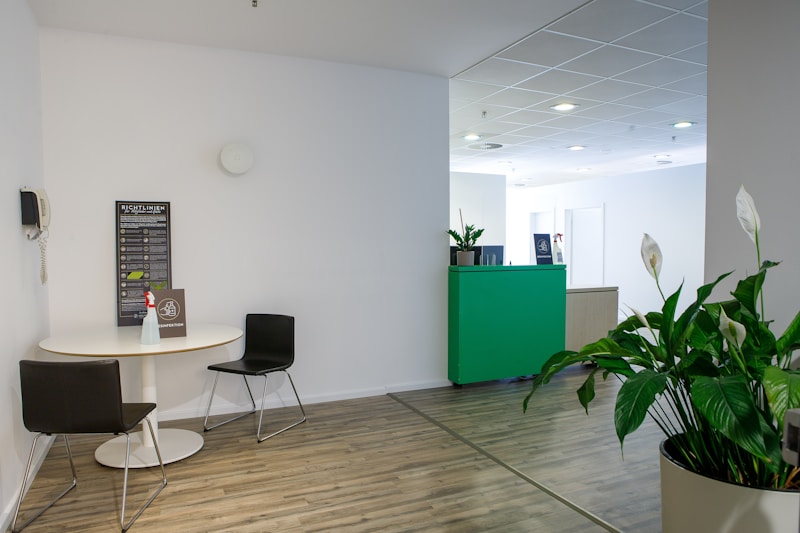 A modern office or waiting room features a small round table with two black chairs, a white wall adorned with a framed sign, and a wall-mounted telephone. The room includes a green reception counter with potted plants and ample natural and artificial lighting. The flooring is light wood, and another large pot with green leaves adds a touch of nature to the decor.