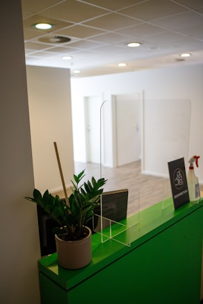 A modern indoor setting featuring a green reception desk with a potted plant, a transparent partition, and a few other desk items. The background includes a hallway with wooden floors and white walls under a ceiling with recessed lighting.
