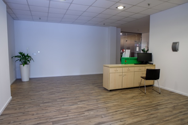 A spacious and minimalistic office area with wooden flooring and a clean, simple design. A wooden cabinet with drawers and a black chair are situated against the wall. A computer monitor and some decorative plants are placed on the cabinet. The environment appears orderly with an emphasis on simplicity and functionality.