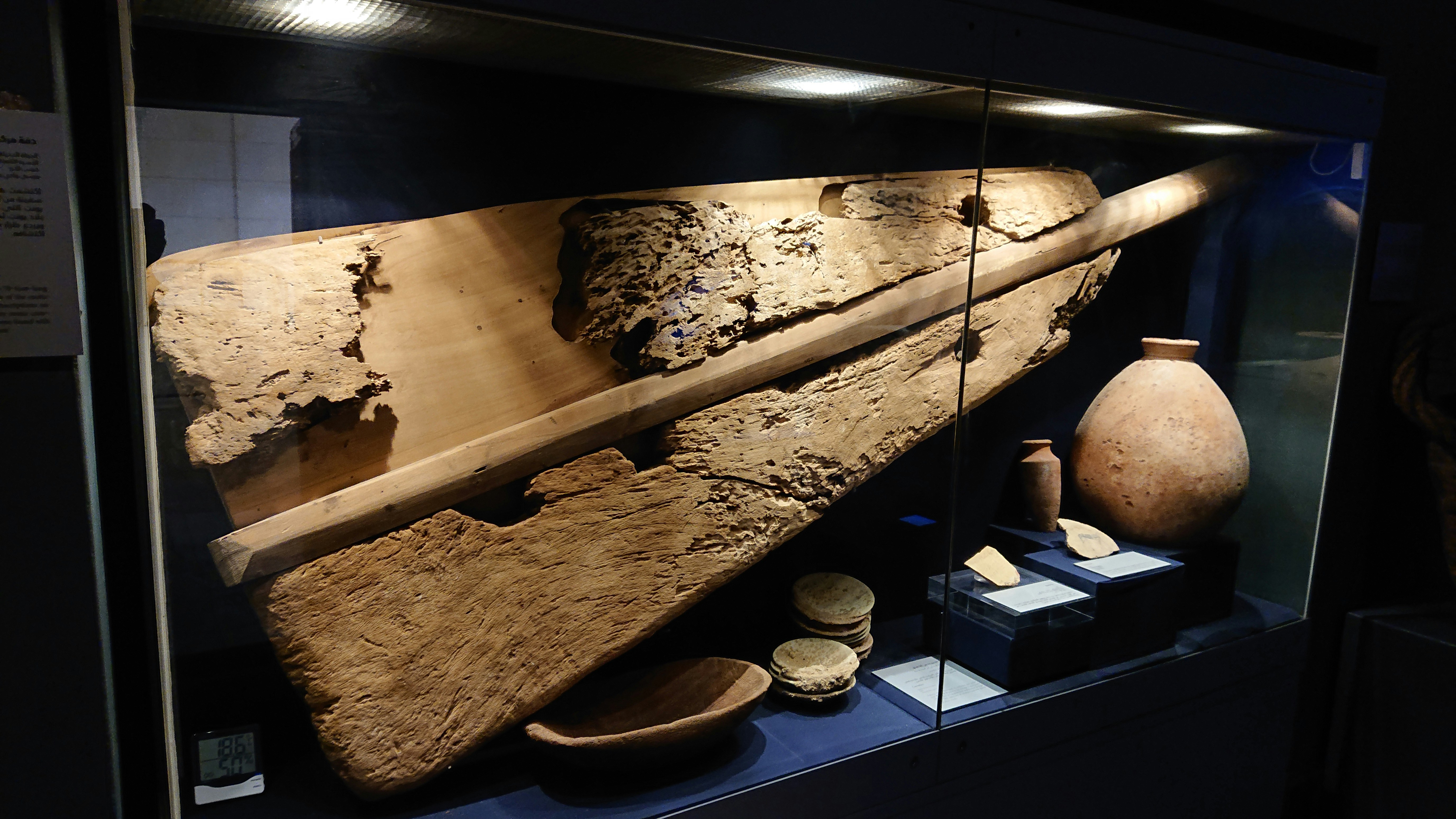 Ancient wooden musical instruments displayed in museum, warm lighting, intricate carvings on instrument body