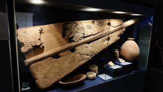 An exhibit in a glass display case showing ancient wooden objects with a weathered texture, alongside pottery pieces of varying sizes. The lighting highlights the rough surface and craftsmanship of the wooden artifacts and emphasizes the earthy tones of the pottery.