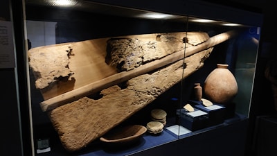 An exhibit in a glass display case showing ancient wooden objects with a weathered texture, alongside pottery pieces of varying sizes. The lighting highlights the rough surface and craftsmanship of the wooden artifacts and emphasizes the earthy tones of the pottery.