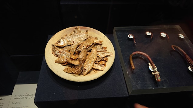 A display containing a beige plate filled with dried fish located on a black surface. To the right, several ancient rusted metal hooks are arranged under a glass cover. The background is dark, enhancing focus on the objects.