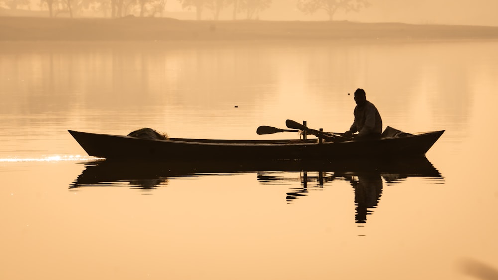 a man in a canoe paddling on a lake