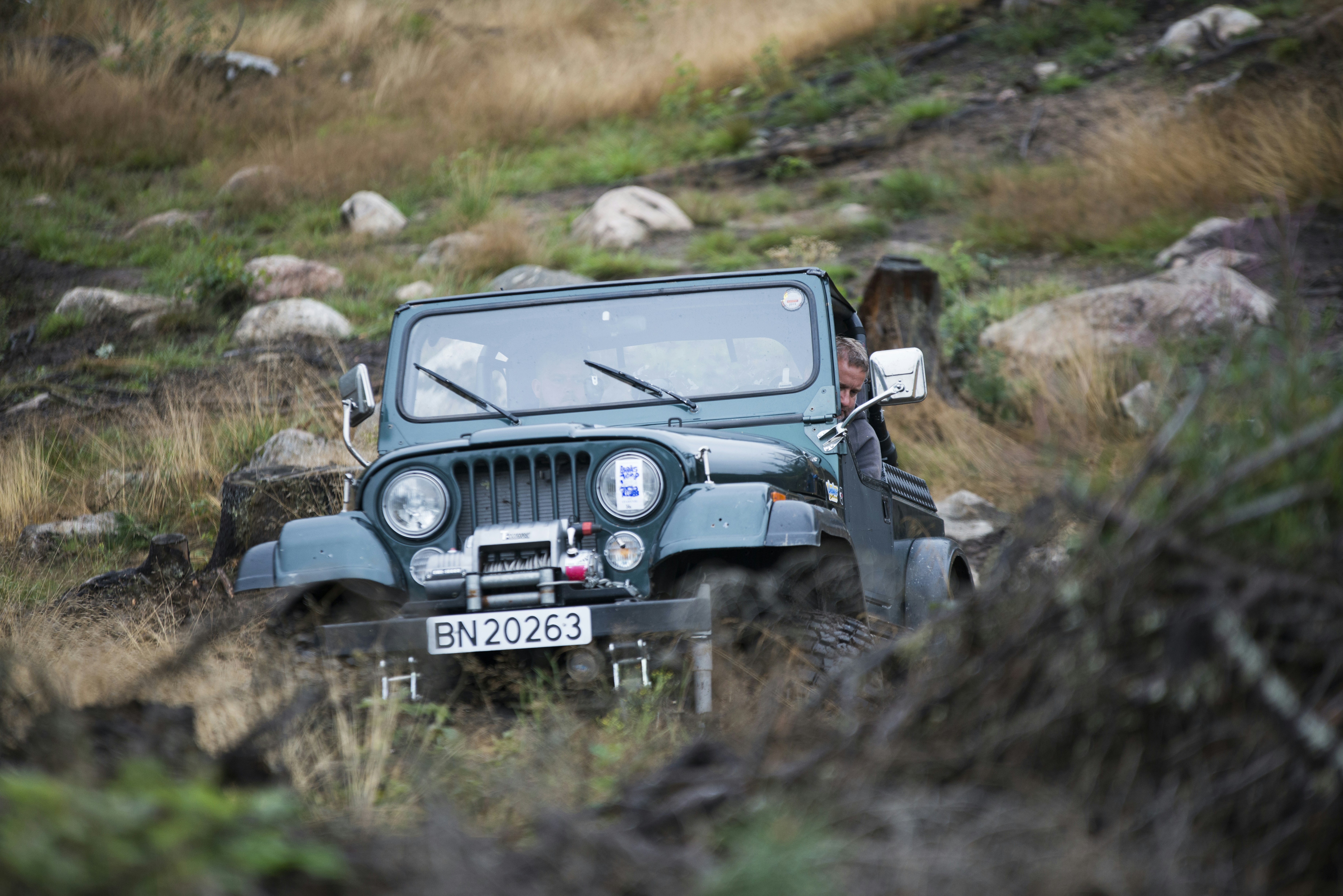 Une jeep verte traversant un champ verdoyant