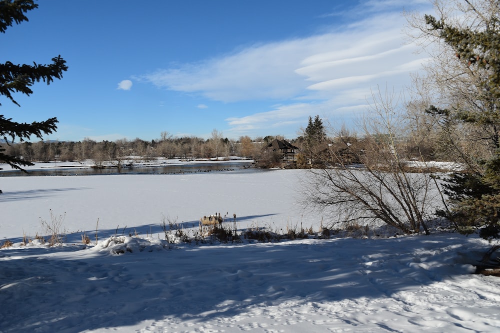 a snow covered field with a lake in the background