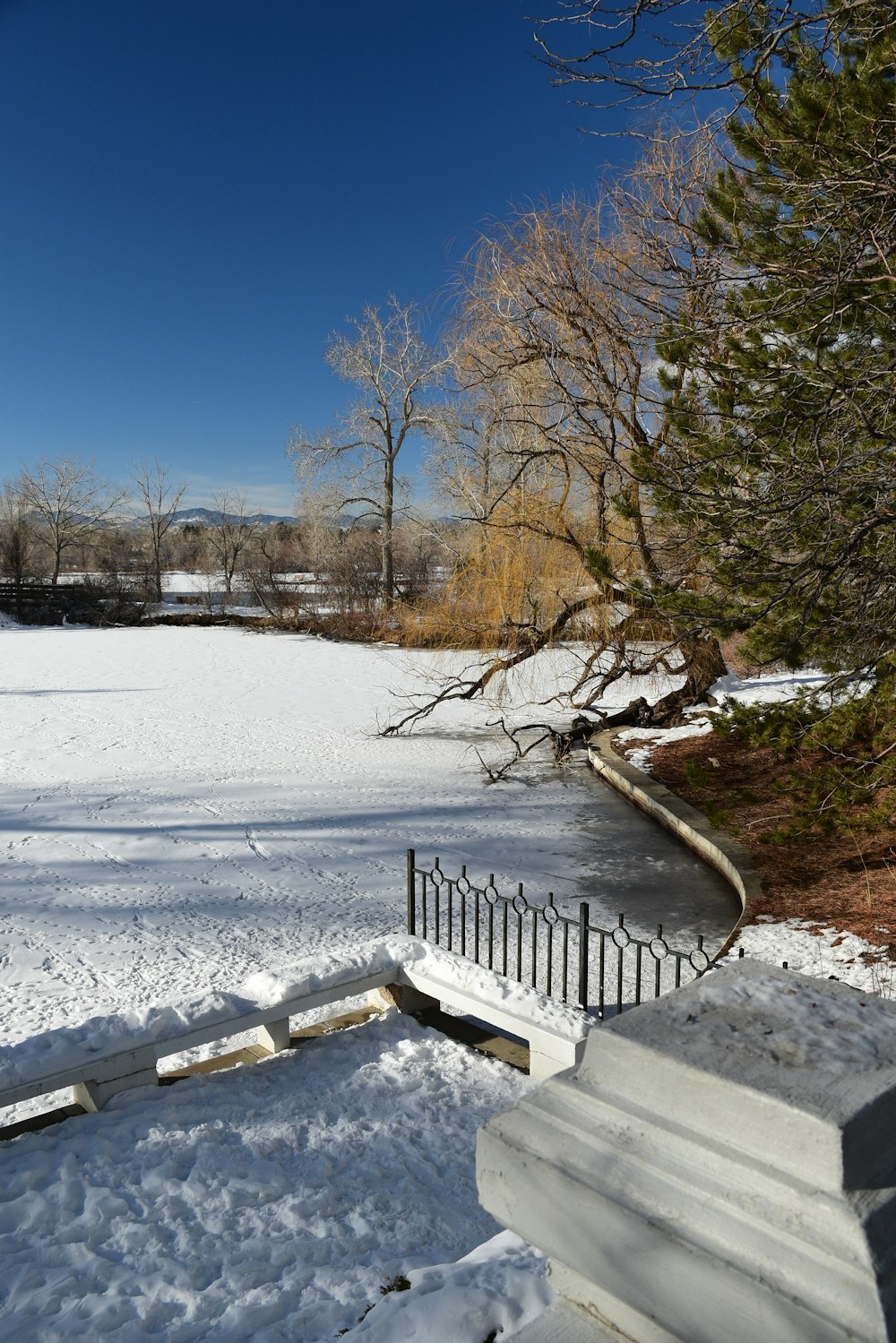 a snow covered field with a fence and trees