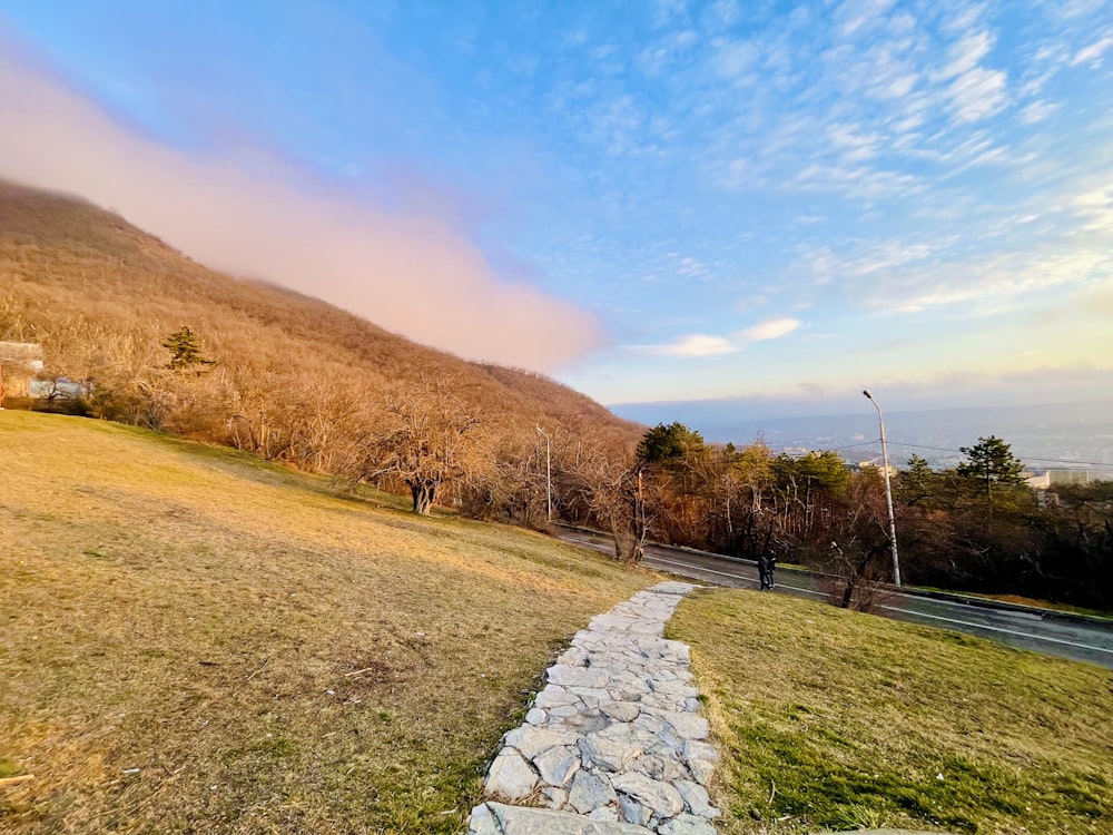 a stone path going up a grassy hill