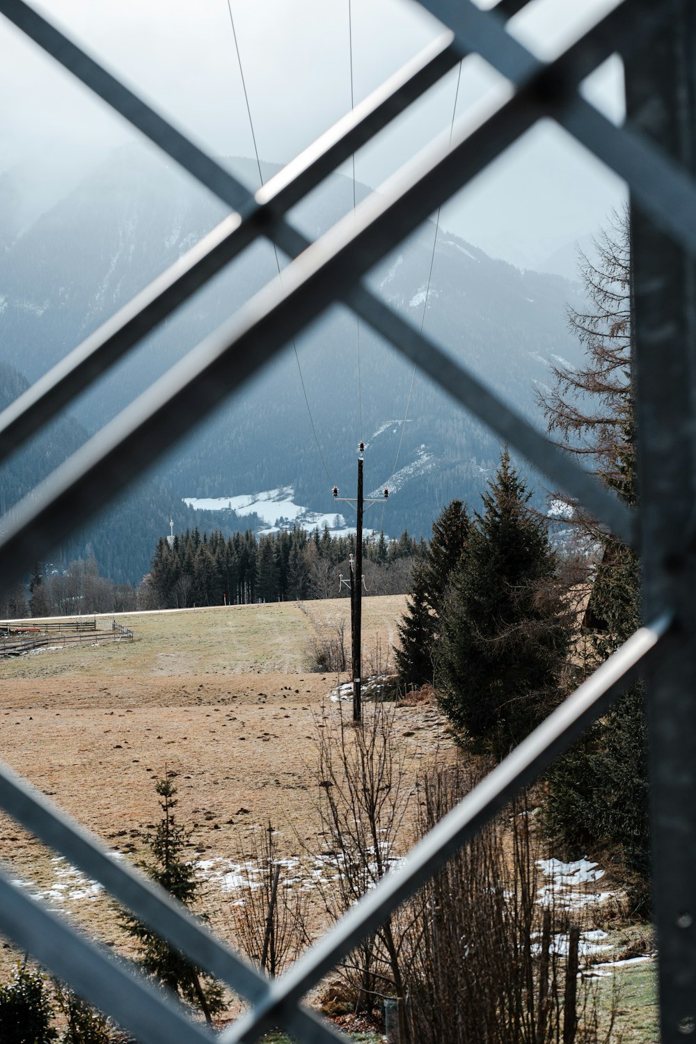 a view of a field through a fence