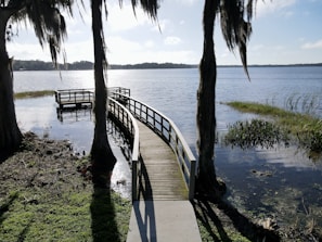 a wooden dock sitting next to a body of water
