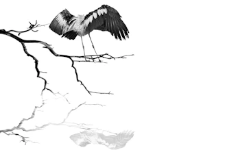 Minimalist digital artwork with soft sage green and off-white tones, featuring delicate line art of a heron.